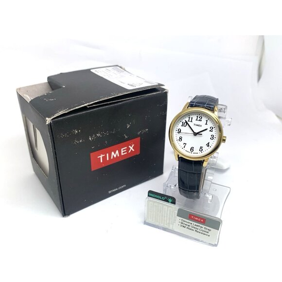 Timex Women's Watch T2N954 Quartz White Dial Blue Leather Strap 30mm Gold Case - Picture 3 of 15